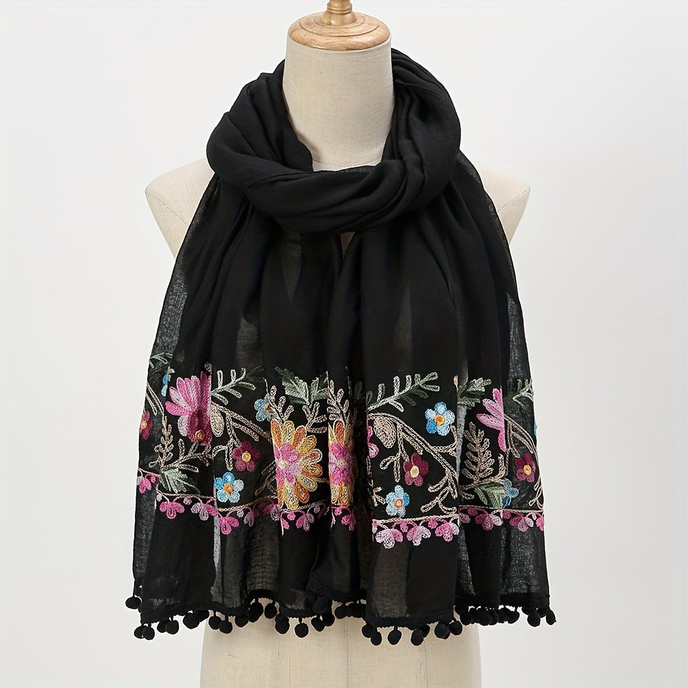 Flower Embroidery Vintage Scarf Boho Tassel Shawl Solid