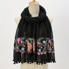 Flower Embroidery Vintage Scarf Boho Tassel Shawl Solid