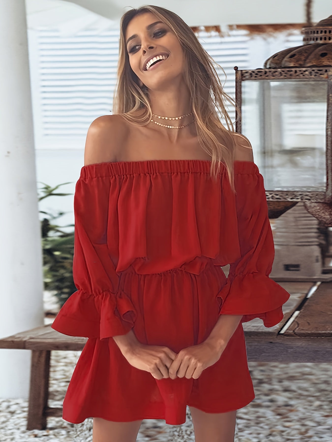 Off Shoulder Lantern Sleeve Dress Casual Summer Pleated Mini Dress