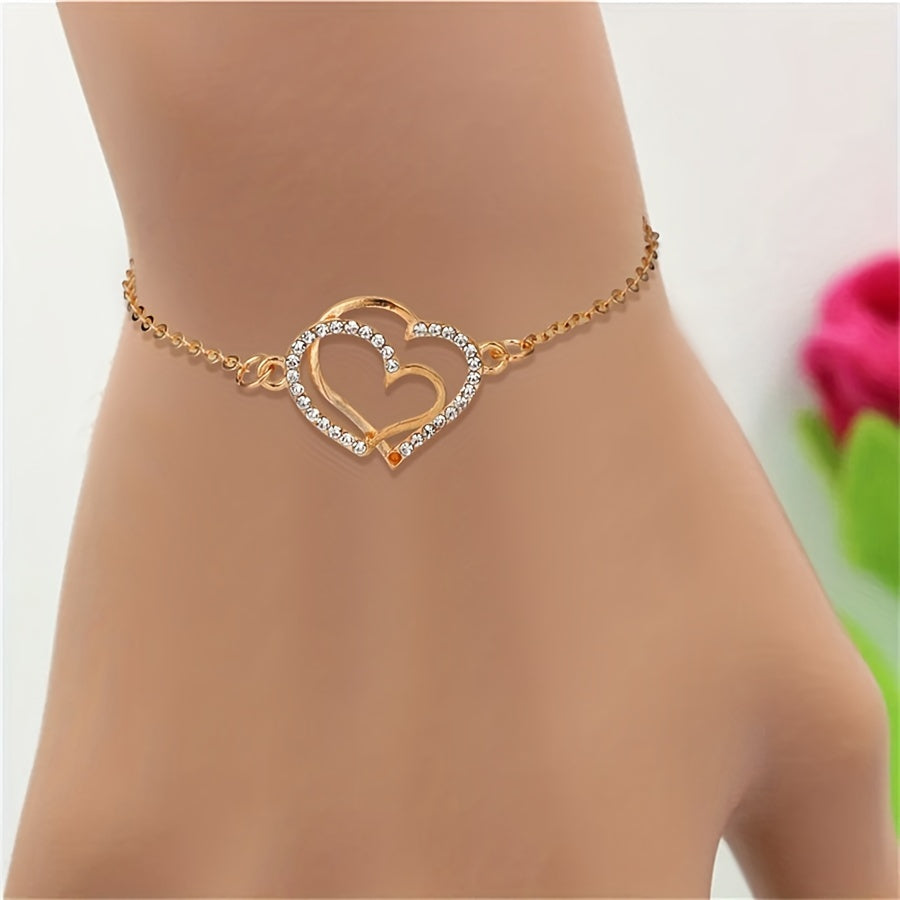 Golden Double Heart Ladies Bracelet Zircon Inlay Romantic Hand Jewelry Gift