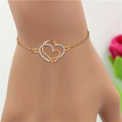 Golden Double Heart Ladies Bracelet Zircon Inlay Romantic Hand Jewelry Gift