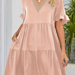  Solid Ruffle Trim Short Sleeve Smock Mini Dress