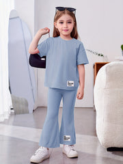 Girl's 2pcs Tshirt & Flared Pants Set BE AWESOME TODAY Patched Short Sleeve Top