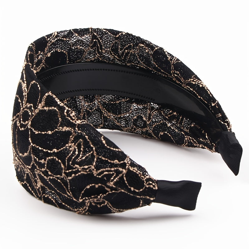 Wide Lace Hairband Embroidery Flower Retro Headband Elastic Hairbands