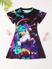 Girls 3D Unicorn Print Short Sleeve Dress For Summer Outdoor Gift
