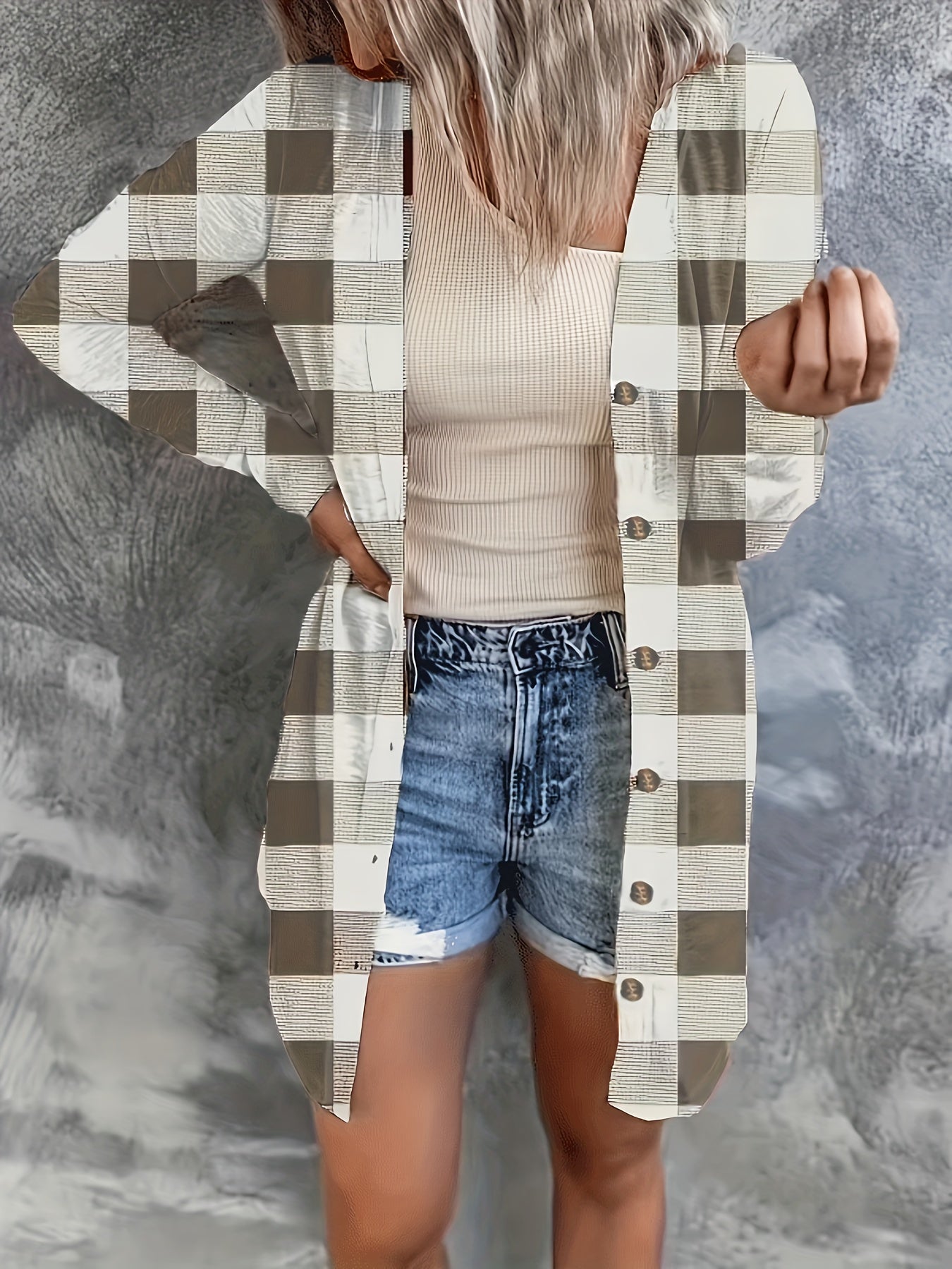  Gingham Print Button-Up Cardigan