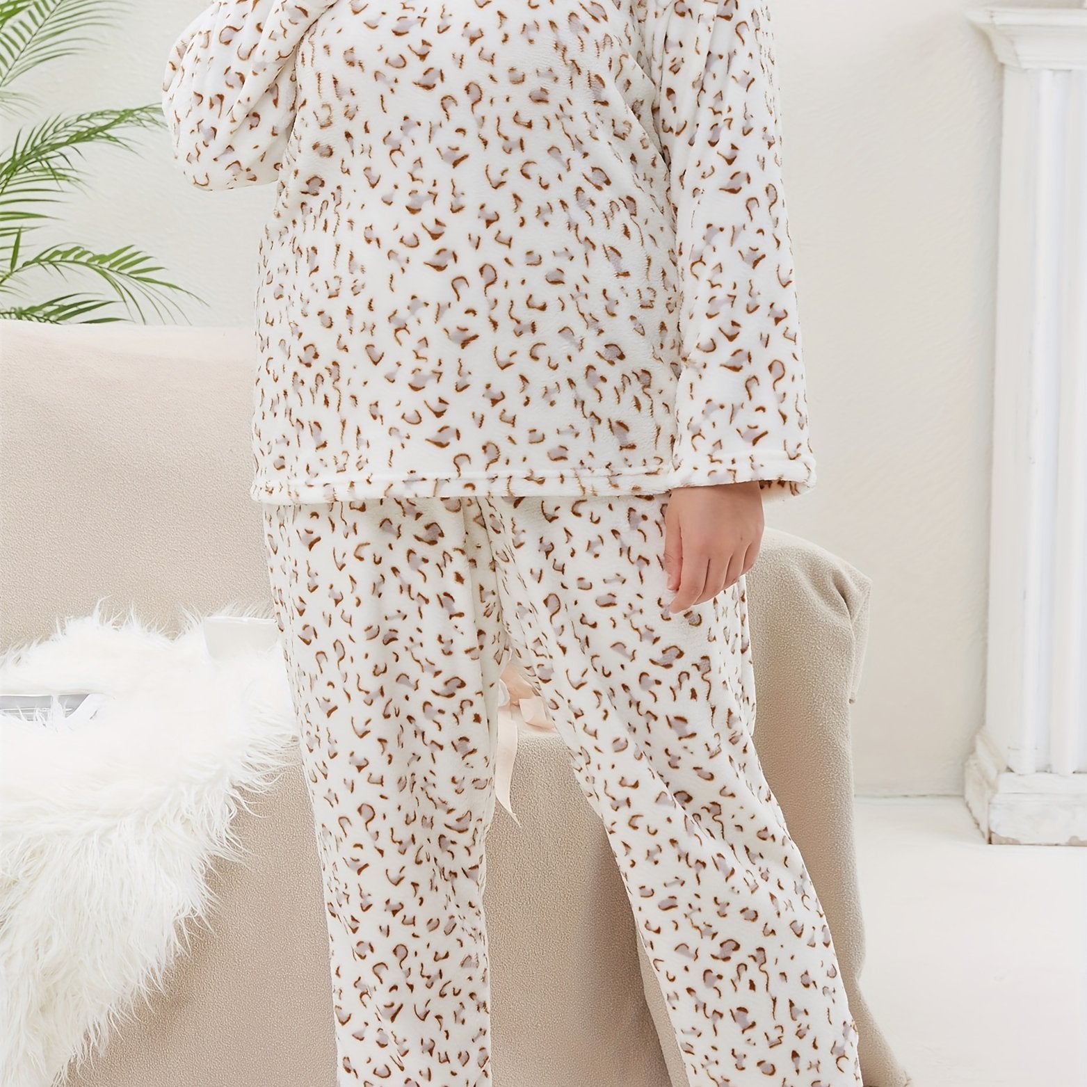  Leopard Print Flannel Pajama Set for Women