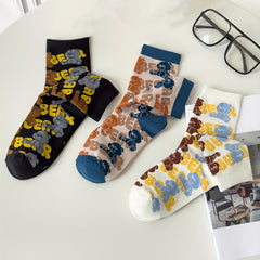 3 Pairs Cute Bear Print Socks Mid Tube Women's Stockings