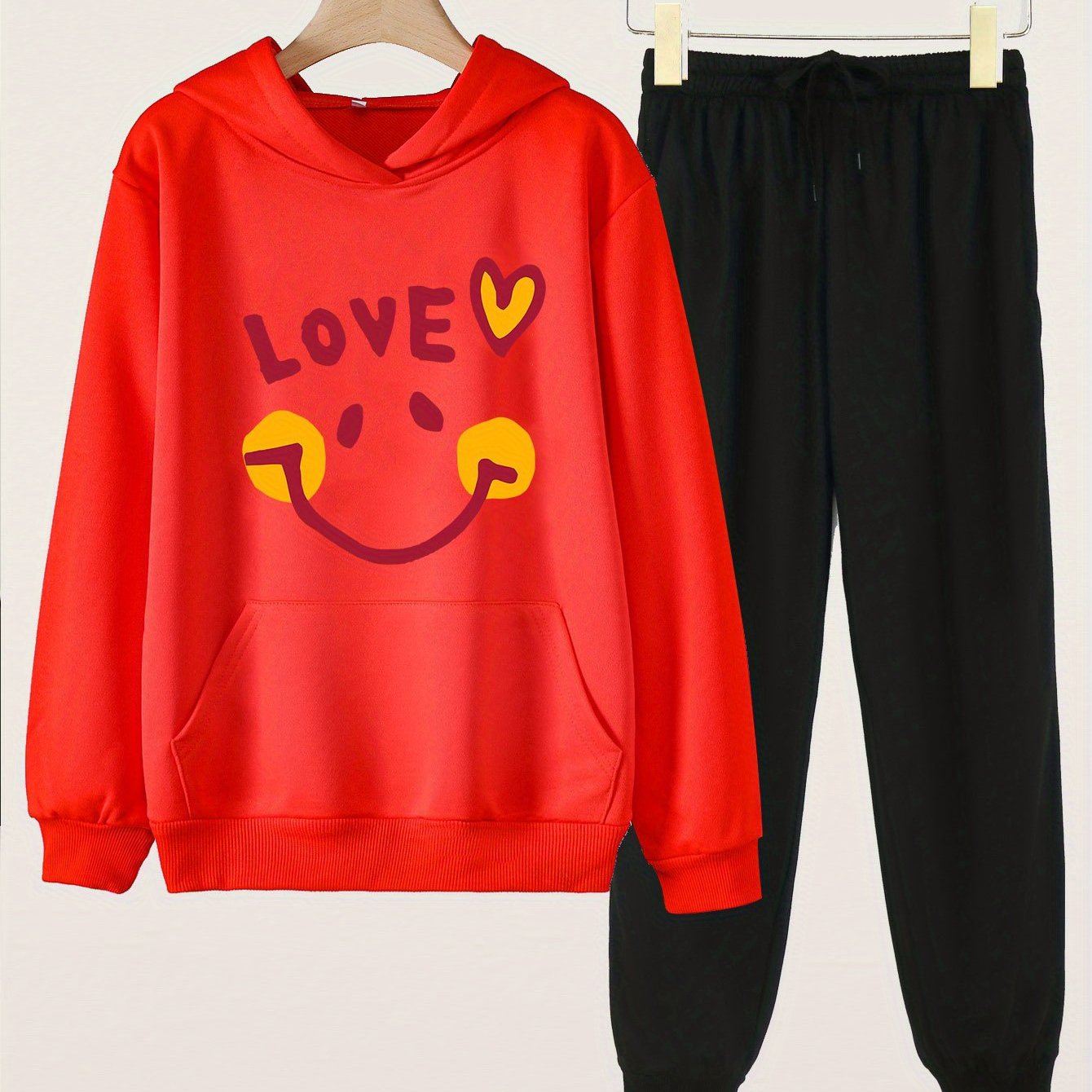 2pcs Love Smile Graphic Hoodies With Pocket Jogger Pants Set For Girls