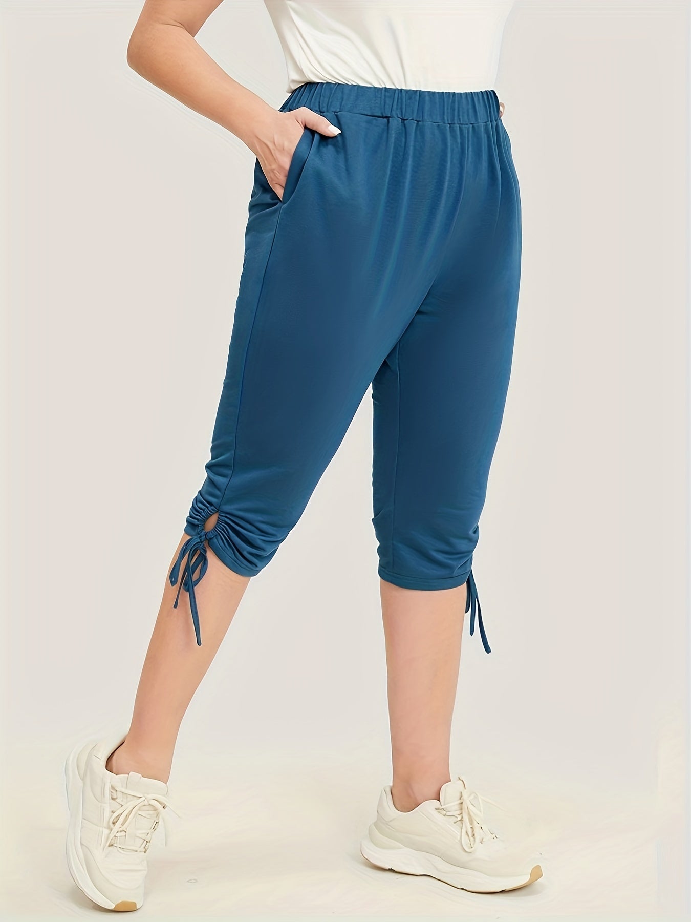 Solid Drawstring Skinny Capris Leggings Casual Crop Leggings