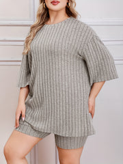  Solid Short Sleeve Ribbed Knit Top & Shorts 2 Pc Set