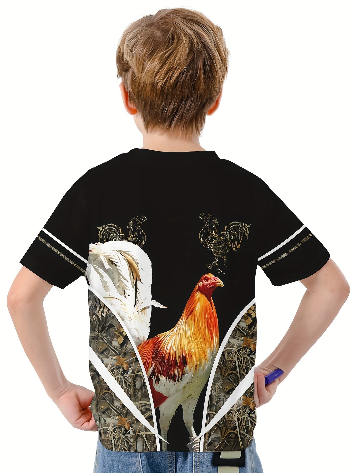 Chicken 3D Print Boys Summer T-shirt Lightweight Round Neck Short Sleeve