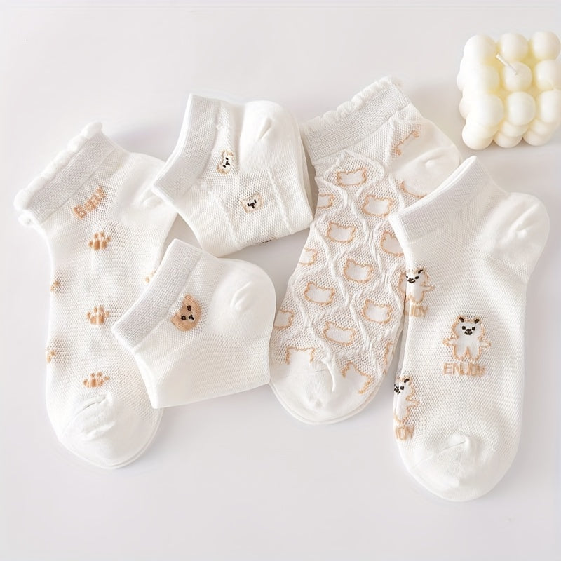 5 Pairs Cartoon Bear Print Socks & Ankle Socks Women's Stockings