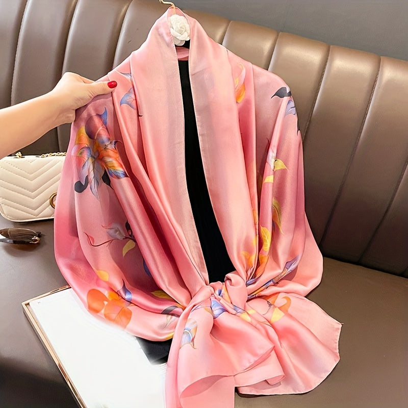 Flower Print Satin Scarf Solid Silk Shawl Windproof Head Wrap