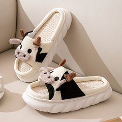 Women's Cartoon Cow House Slippers Soft Anti-slip Warm Plush Slides