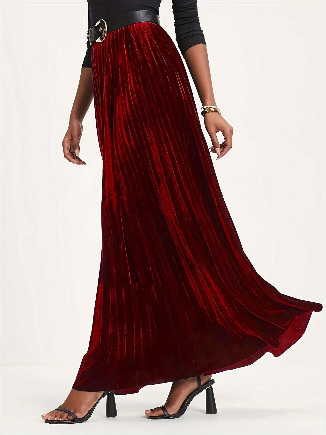  Velvet High Rise Maxi Pleated Skirt