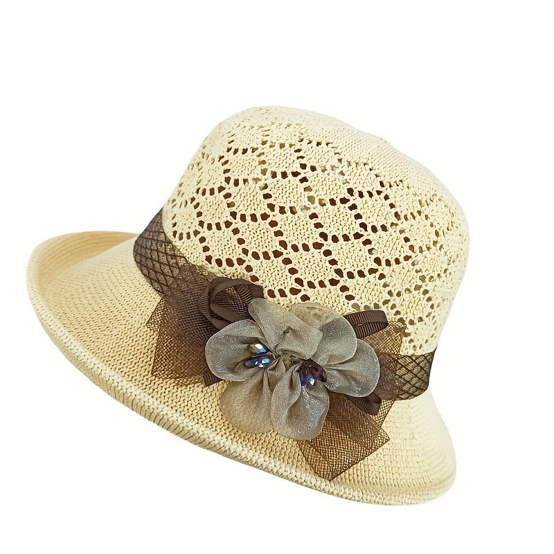 Knitted Bucket Hat Flower Decor Basin Hat Casual Travel Beach Hats