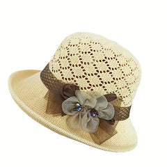 Knitted Bucket Hat Flower Decor Basin Hat Casual Travel Beach Hats