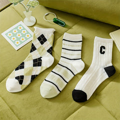 3 Pairs Letter Embroidery Mesh Socks Women's Mid Tube Stockings