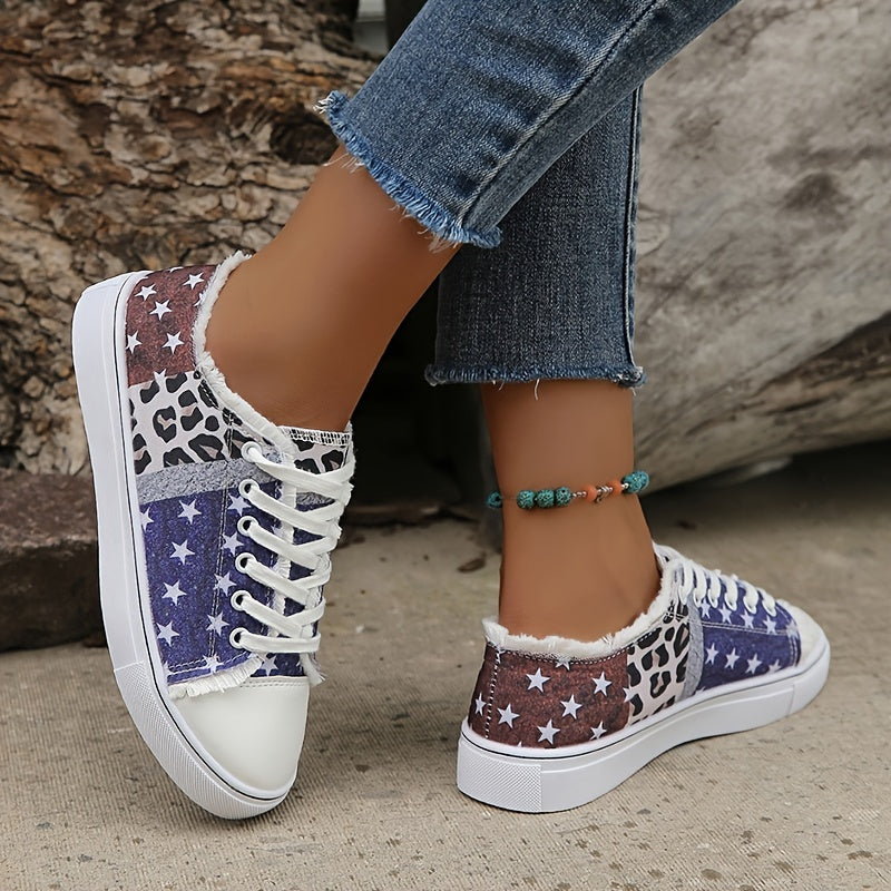 Leopard & Star Print Canvas Shoes Lace Up Low Top Sneakers