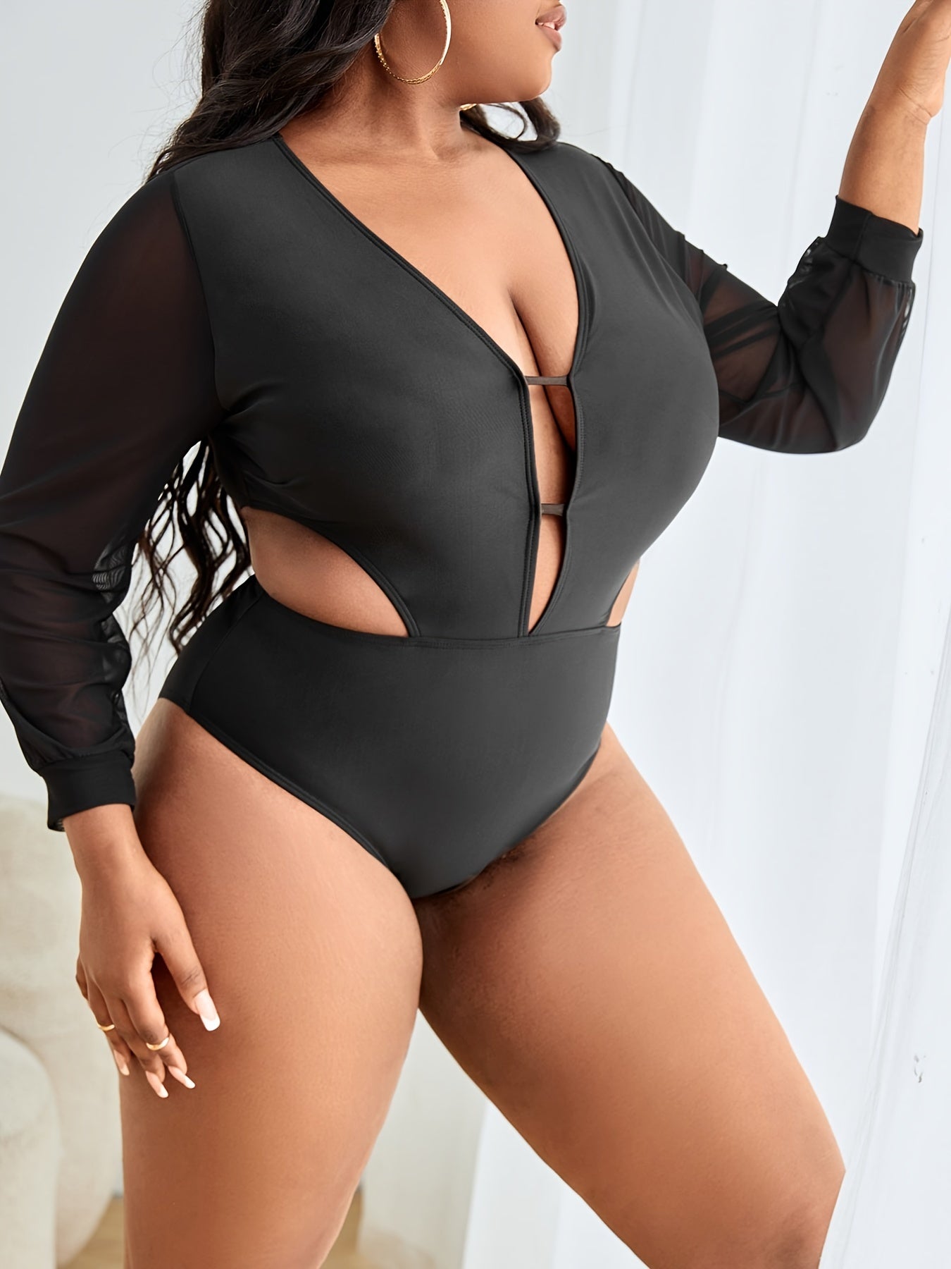  Sexy One Piece Swimsuit Women's Plus Contrast Mesh Cut Out