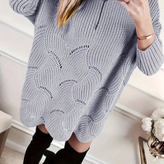  Solid Pointelle Long Sleeve Round Neck Sweater Dress