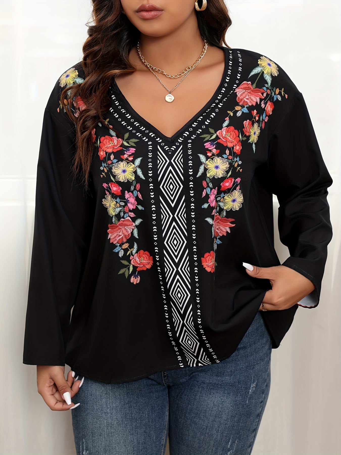  Boho Blouse Women's Plus Floral & Geometric Print V Neck Top