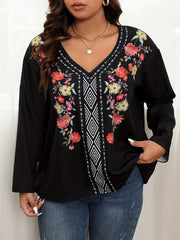  Boho Blouse Women's Plus Floral & Geometric Print V Neck Top