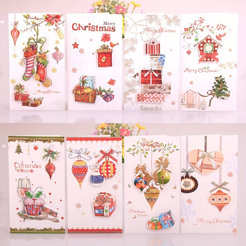 8pcs Merry Christmas Greeting Cards Envelopes Golden Stamping Applique DIY Xmas