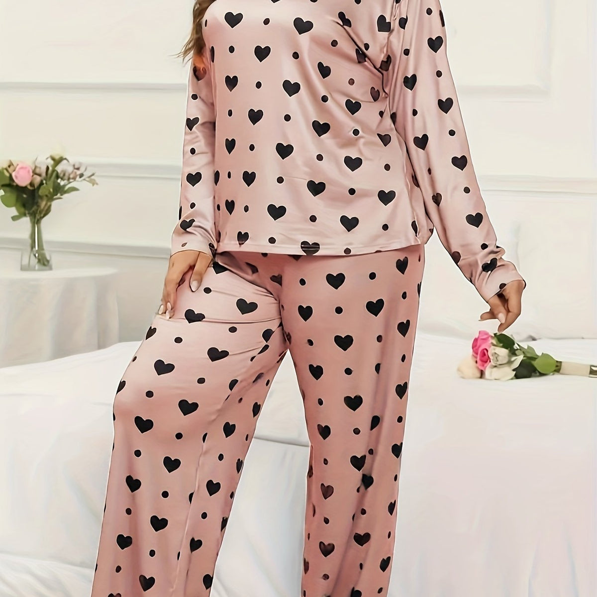  Heart & Polka Dot Print Long Sleeve Pajamas Set