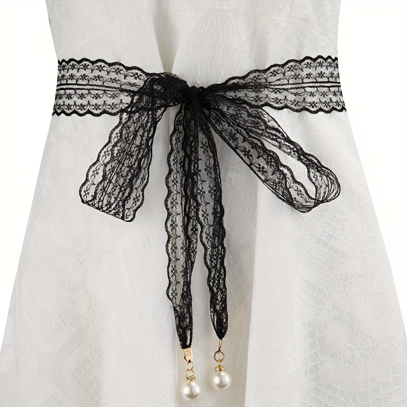 Faux Pearl Pendant Lace Girdle Sash Belt Bow Knotted Waistband Dress Girdle
