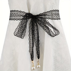 Faux Pearl Pendant Lace Girdle Sash Belt Bow Knotted Waistband Dress Girdle