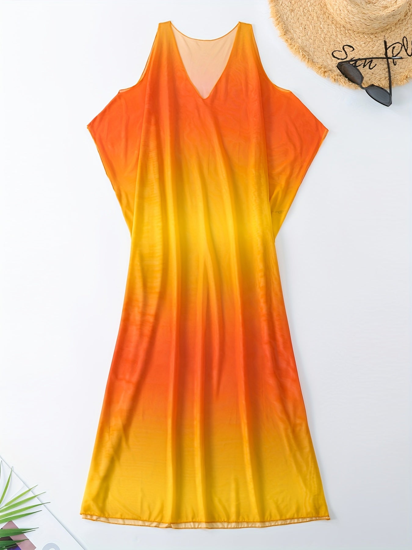  Colorblock Ombre Print Cold Shoulder Cover Up