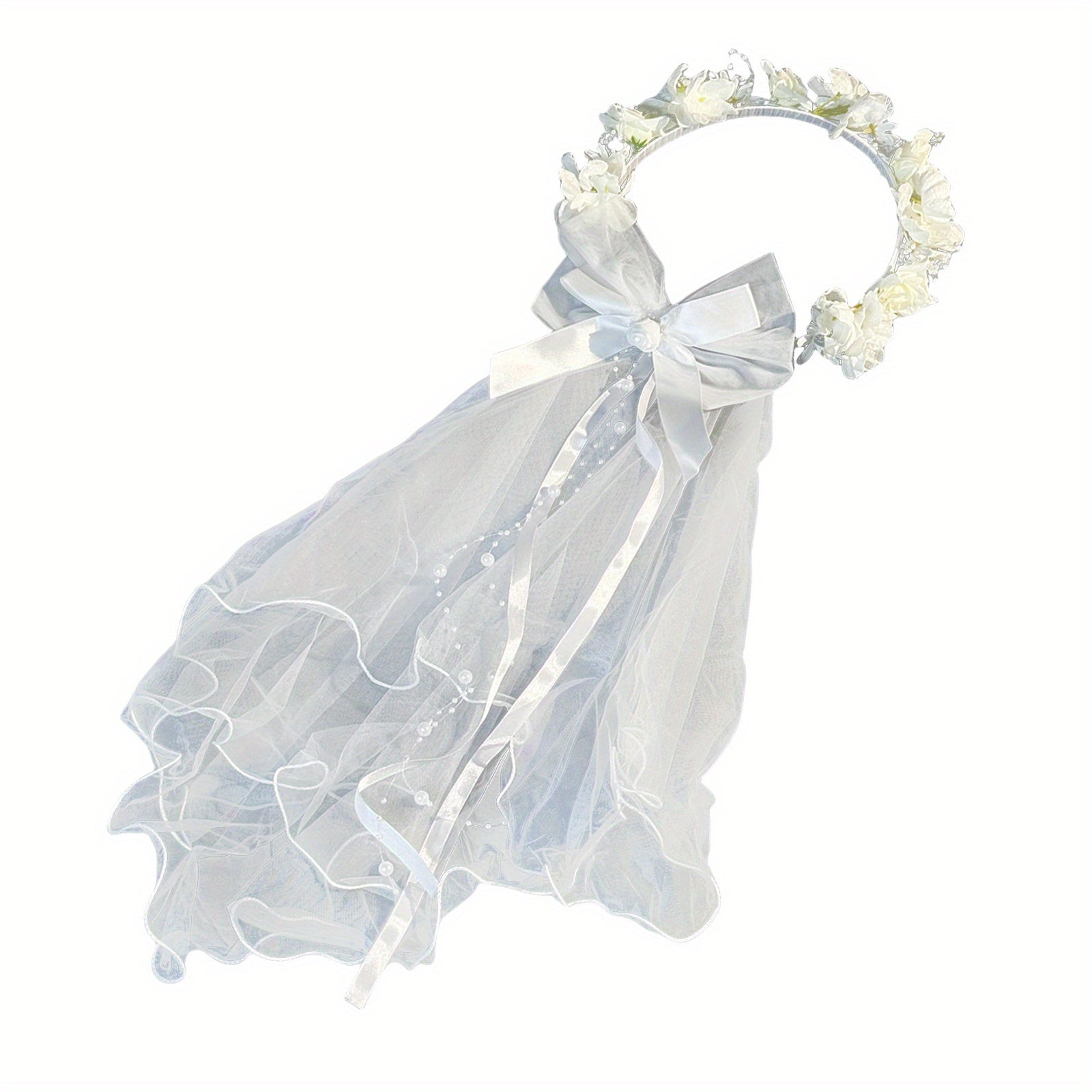 Short Wedding Veil with Floral Headband Sheer Lace Bridal Veil Flowers & Bow