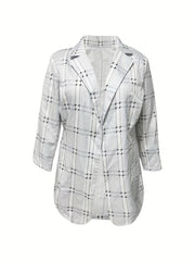  Plaid Print Long Sleeve Blazer