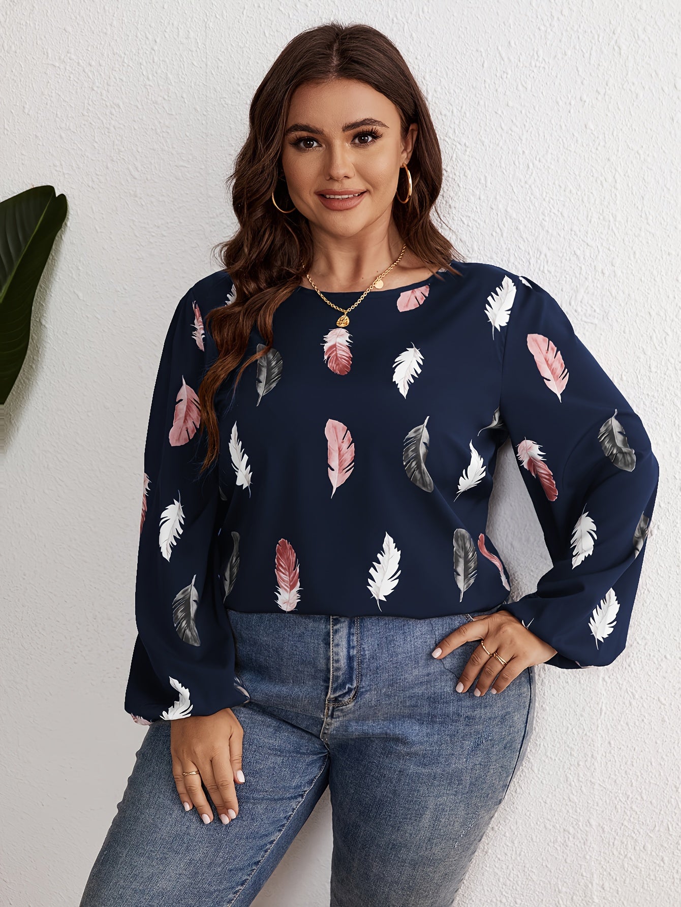  Feather Print Long Sleeve Top