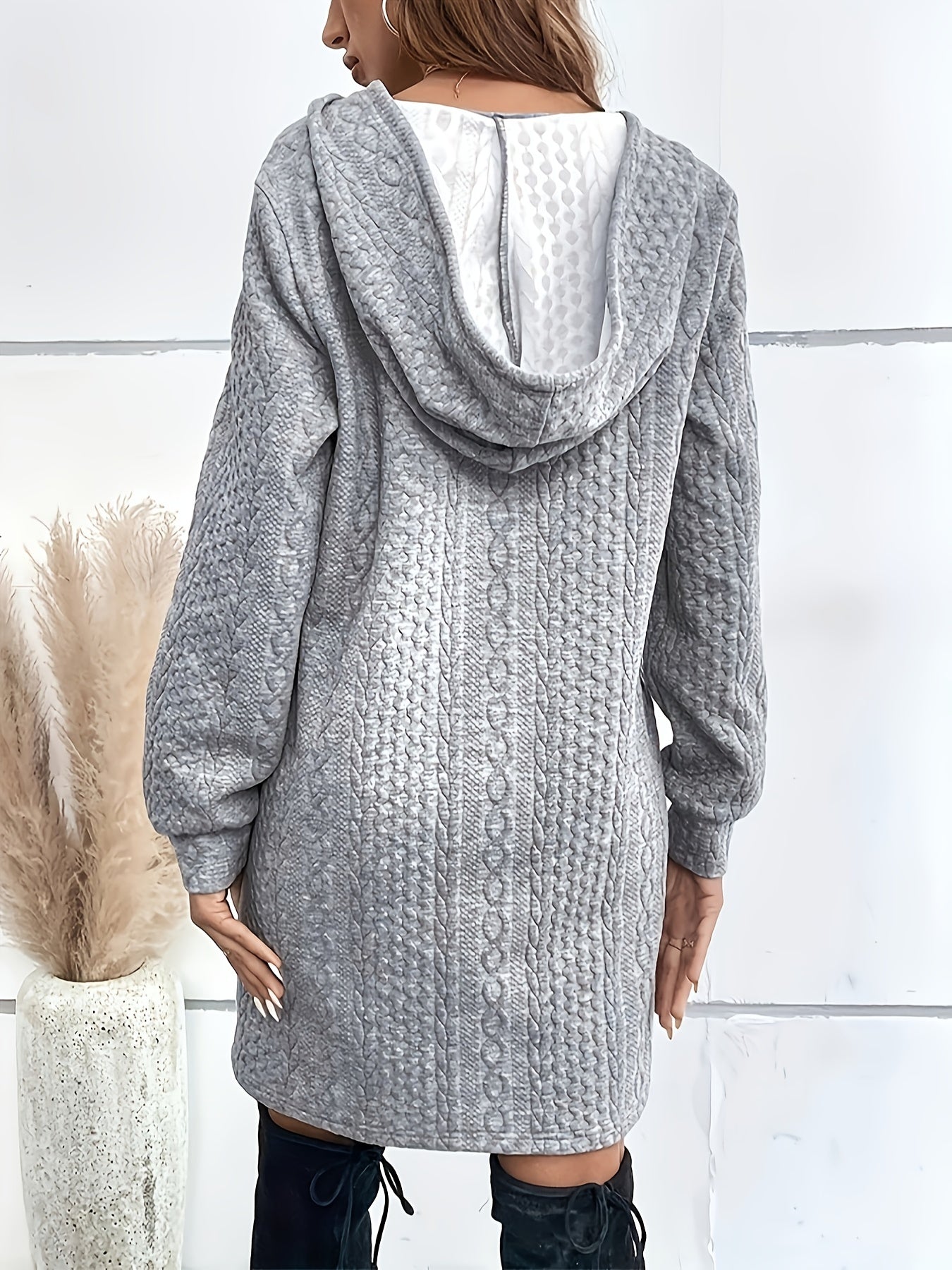  Casual Dress Women's Plus Solid Jacquard Hoodie Mini Dress