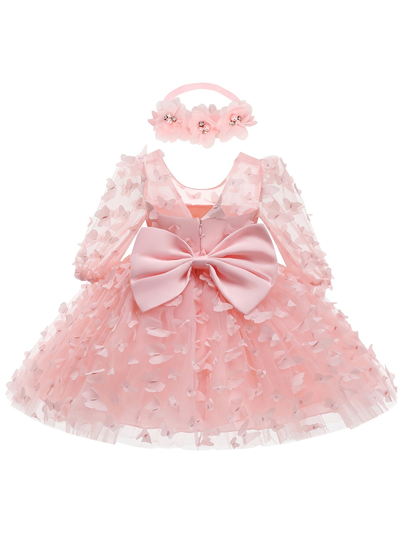 2pcs Baby Girls Butterfly Mesh Long Sleeve Dress & Headband Set
