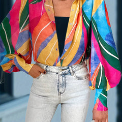 Leaf Print Button Up Lantern Sleeve Blouse