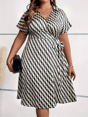  Stripe Print Short Sleeve Surplice Neck Knot Midi Dress