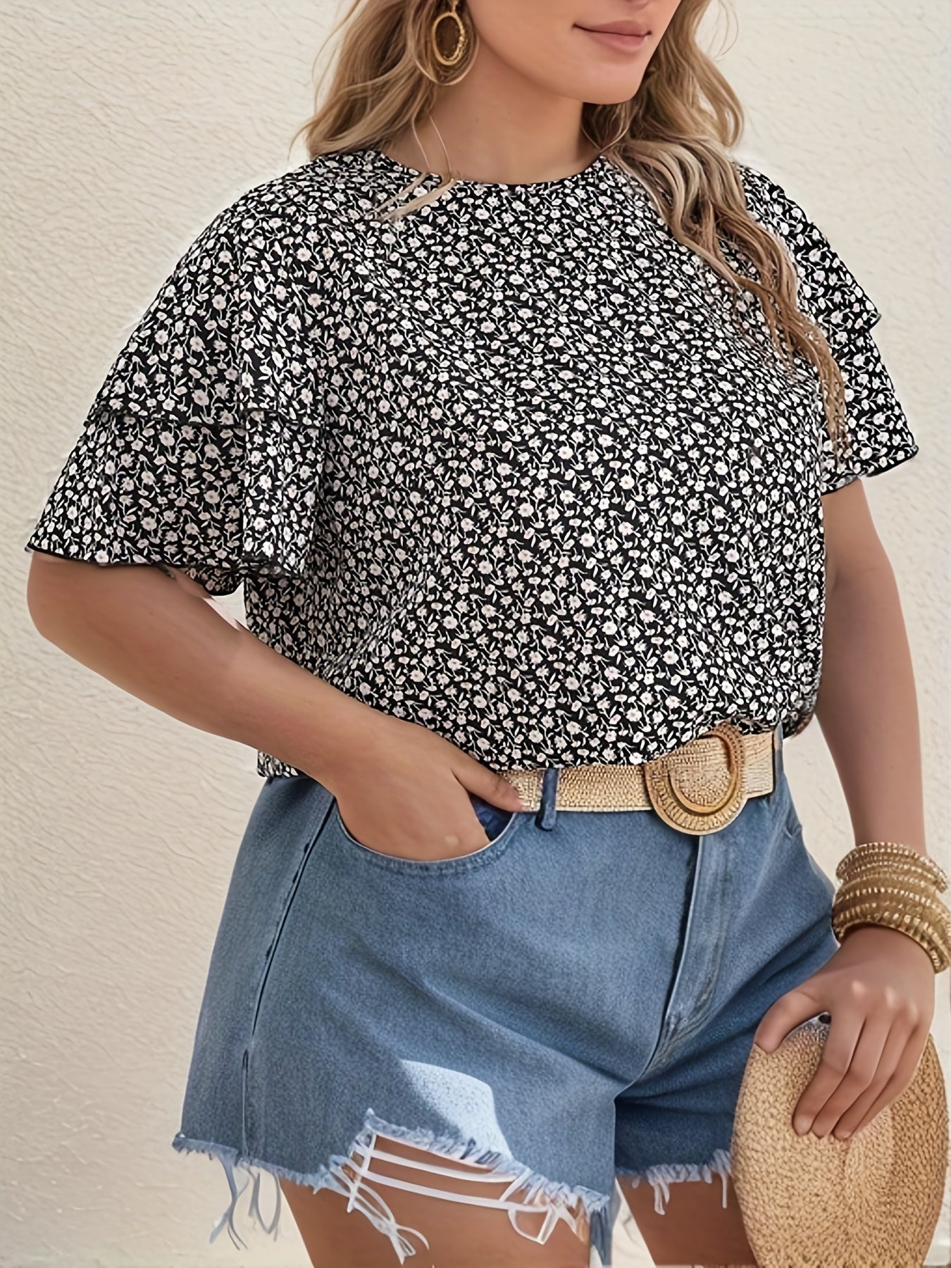  Ditsy Print Layered Short Sleeve Top