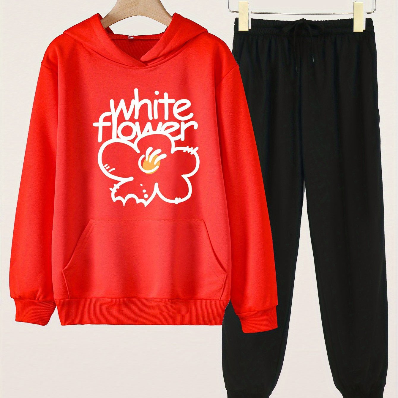 2pcs Flower Print Girls Hoodie & Solid Sweatpants Set