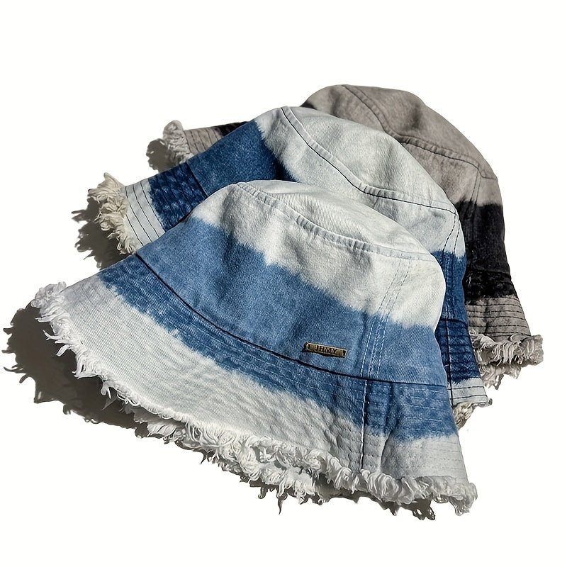 Gradient Washed Denim Bucket Hat Vintage Frayed Brim Tie Dye Sunshade Cap