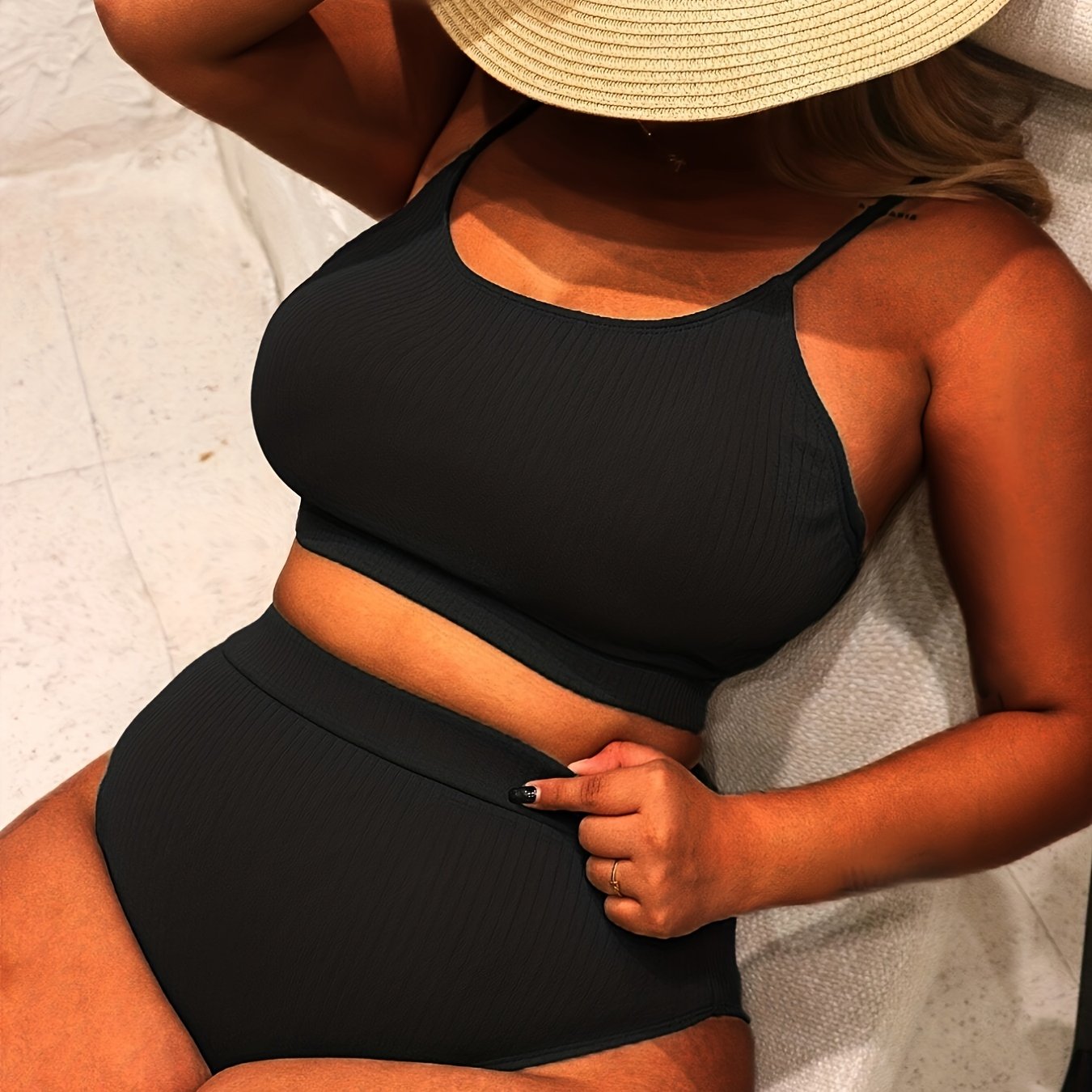  Casual Bikini Set Solid Round Neck Cami Top & Underwear Swimsuit
