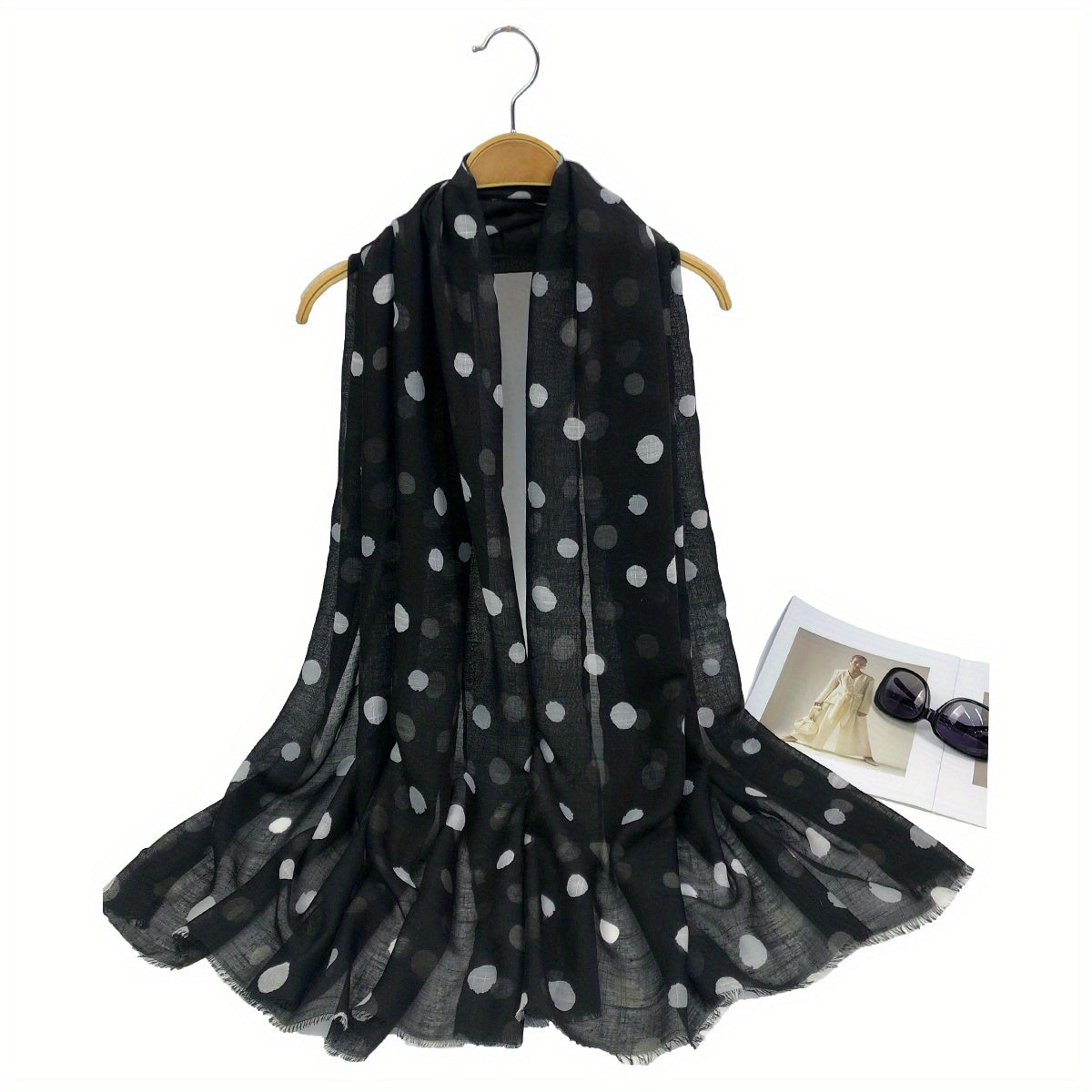 Polka Dot Print Scarf Warm Shawl Women Frayed Edge Head Wrap