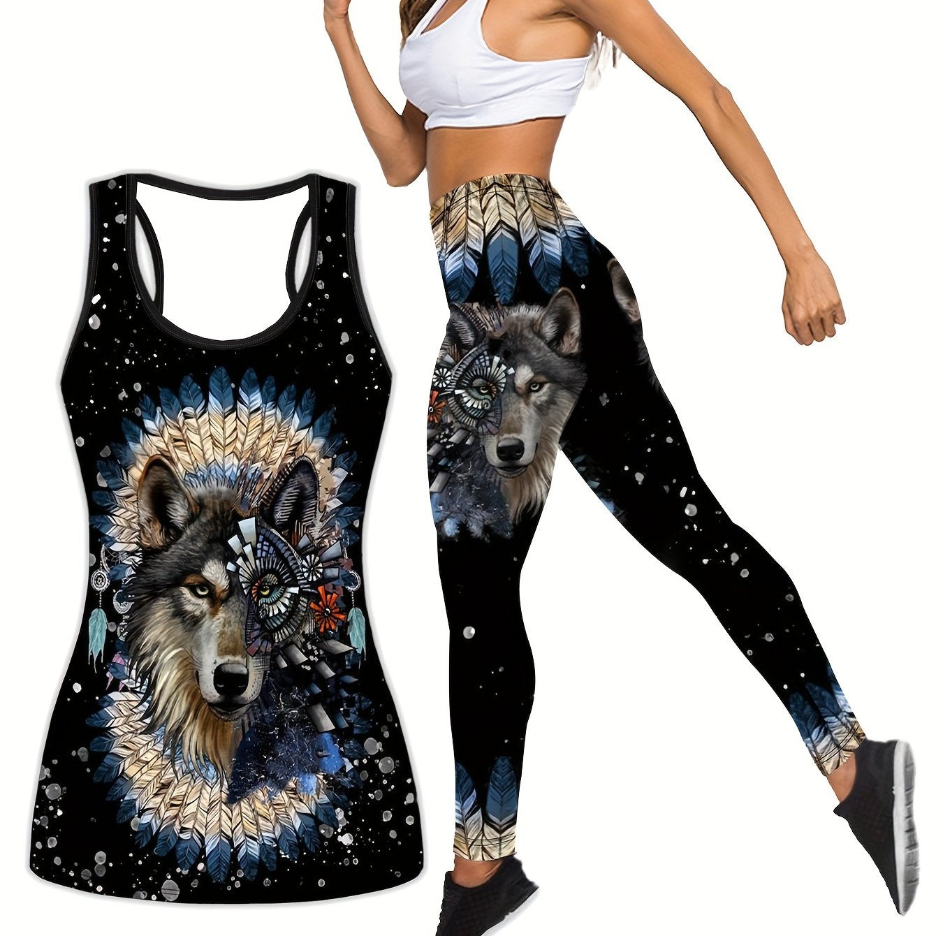 Wolf Print Tank Top & Leggings Yoga Outfits Set