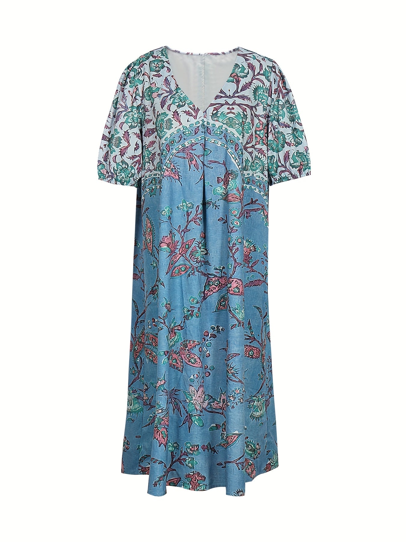 Floral Print V Neck Midi Dress