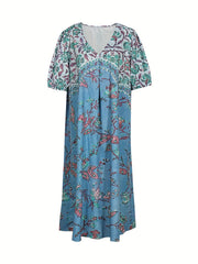  Floral Print V Neck Midi Dress