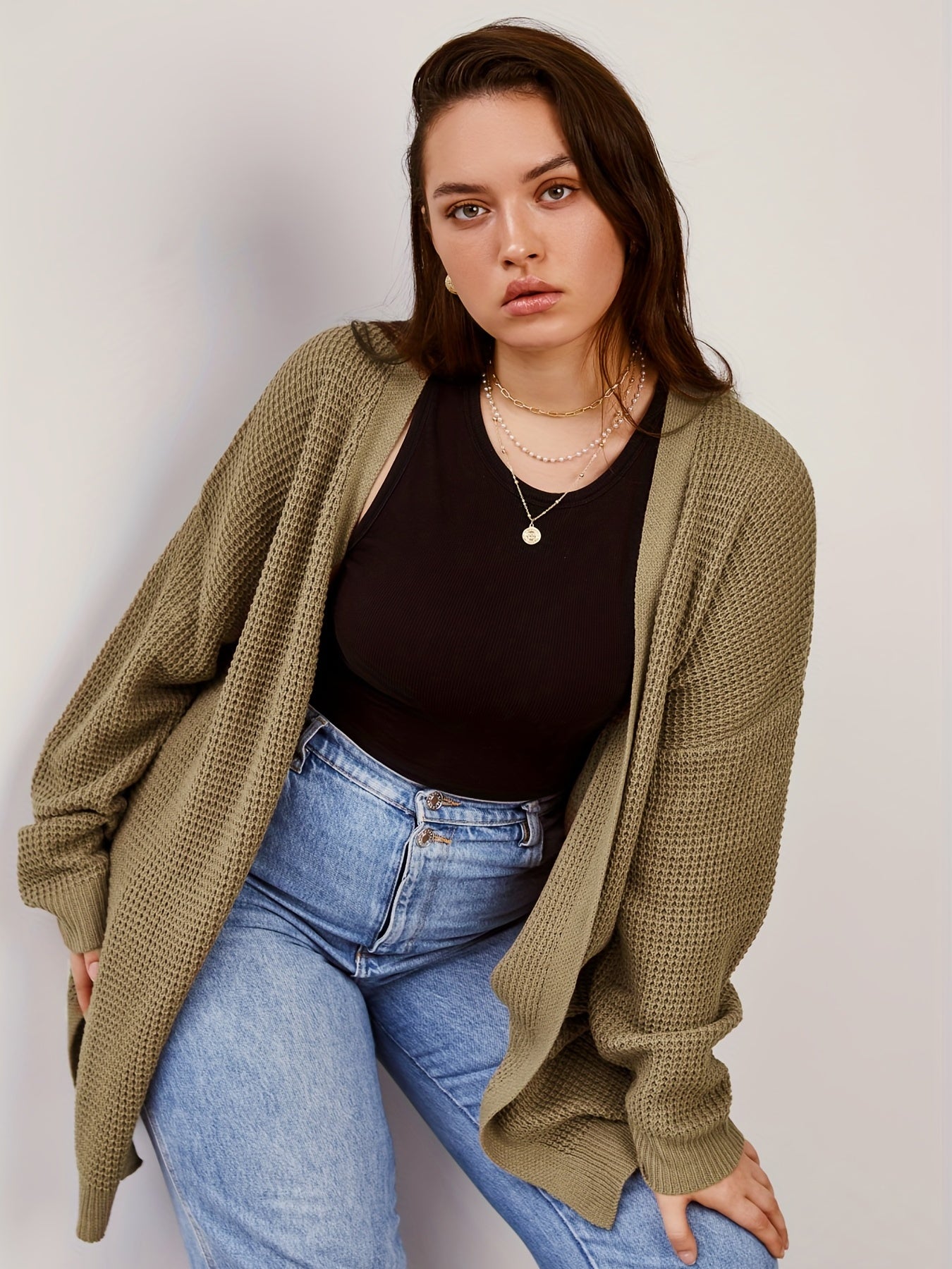 Casual Cardigan Women's Plus Plain Waffle Pattern Long Sleeve