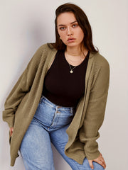  Casual Cardigan Women's Plus Plain Waffle Pattern Long Sleeve